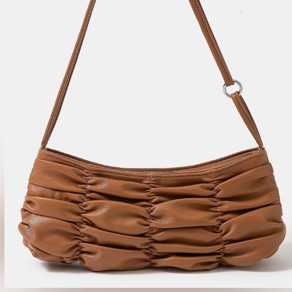 Fame Segmented Pleated Faux Leather Hand Bag Brown Ruched Shoulder Bag